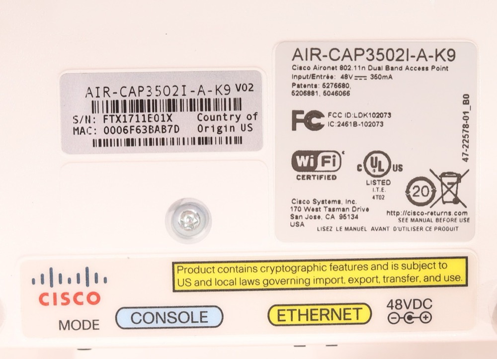 Точка доступа Cisco Aironet 3502i Dual Band Wireless Access Point P/N: AIR-CAP3502I-A-K9 V02 — фото 3