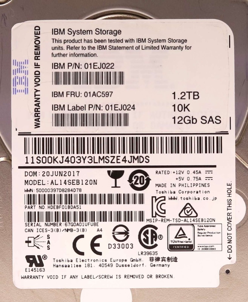 Жёсткий диск IBM AL14SEB120N 1.2TB 2.5" 12Gb/s 10K RPM SAS Hard Drive FRU P/N: 01AC597 Tested — фото 2