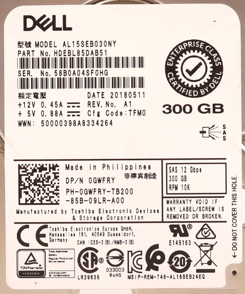 Жёсткий диск Dell 300 ГБ SAS 12 Гбит/с 10K 2,5" (AL15SEB030NY, P/N 0GWFRY) — фото 2