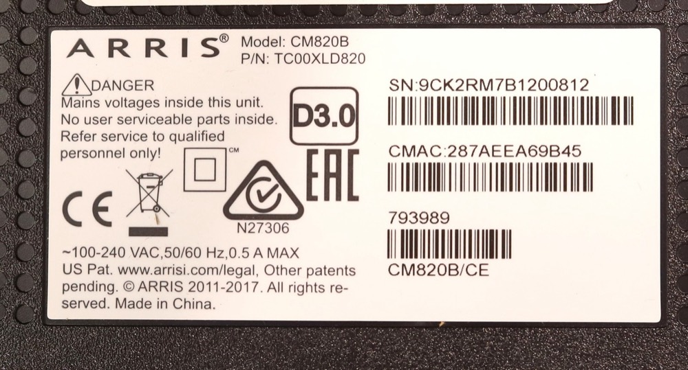 Кабель ARRIS CM820B DOCSIS 3.0 Cable Modem W/Power & Patch Cord Cable P/N: TC00XLD820 — фото 3