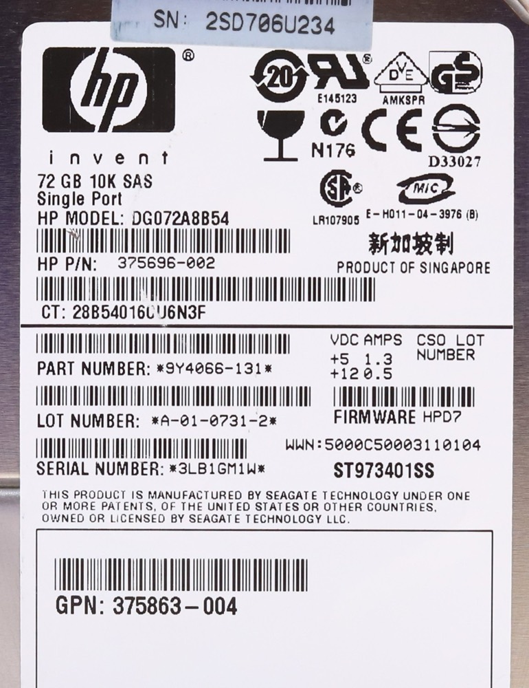 Жёсткий диск HP DG072A8B54 72GB 2.5" SFF /s 10K RPM SAS Hard Drive P/N: 375863-004 Tested — фото 2