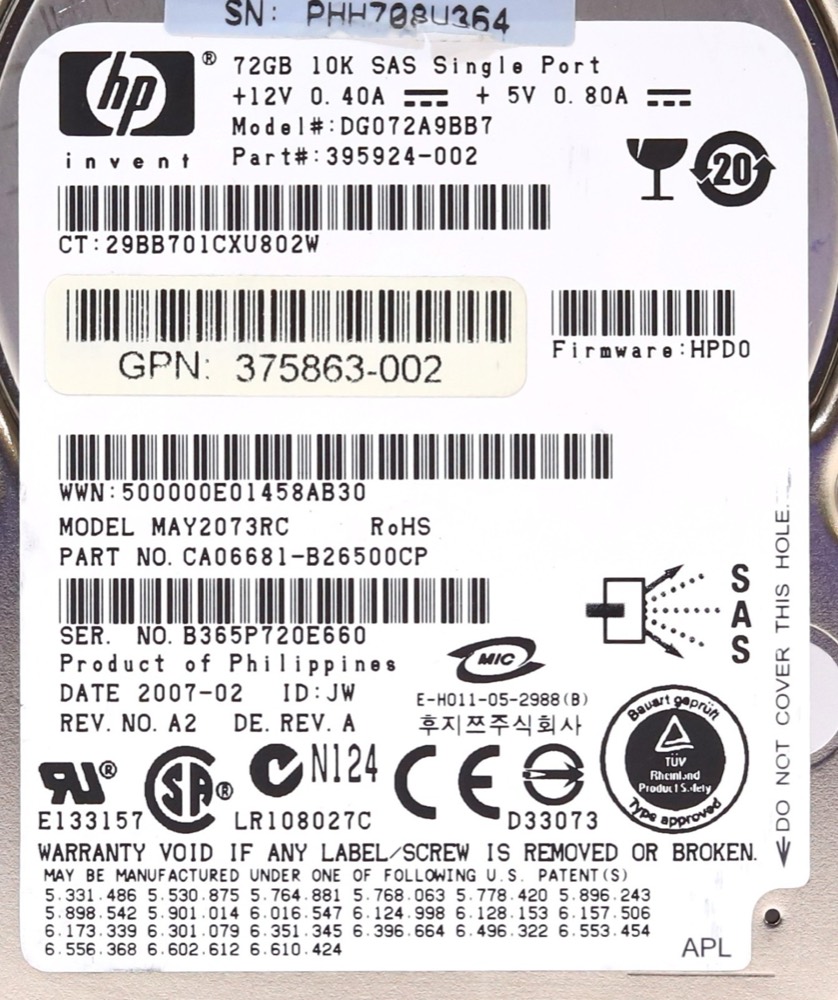 Жёсткий диск HP DG072A9BB7 72GB 2.5" SFF 3Gb/s 10K RPM SAS Hard Drive P/N: 375863-002 Tested — фото 2