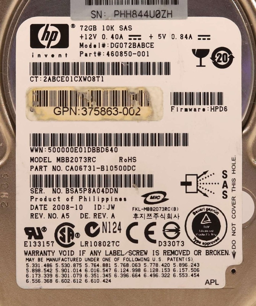 Жёсткий диск HP DG072BABCE 72GB 2.5" 3Gb/s 10K RPM SAS Hard Drive P/N: 375863-002 Tested — фото 2