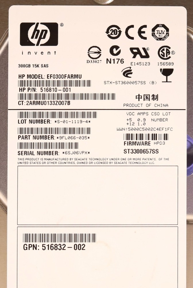 Жёсткий диск HP EF0300FARMU 300GB 3.5" 12Gb/s 15K RPM SAS Hard Drive P/N: 516832-002 Tested — фото 2