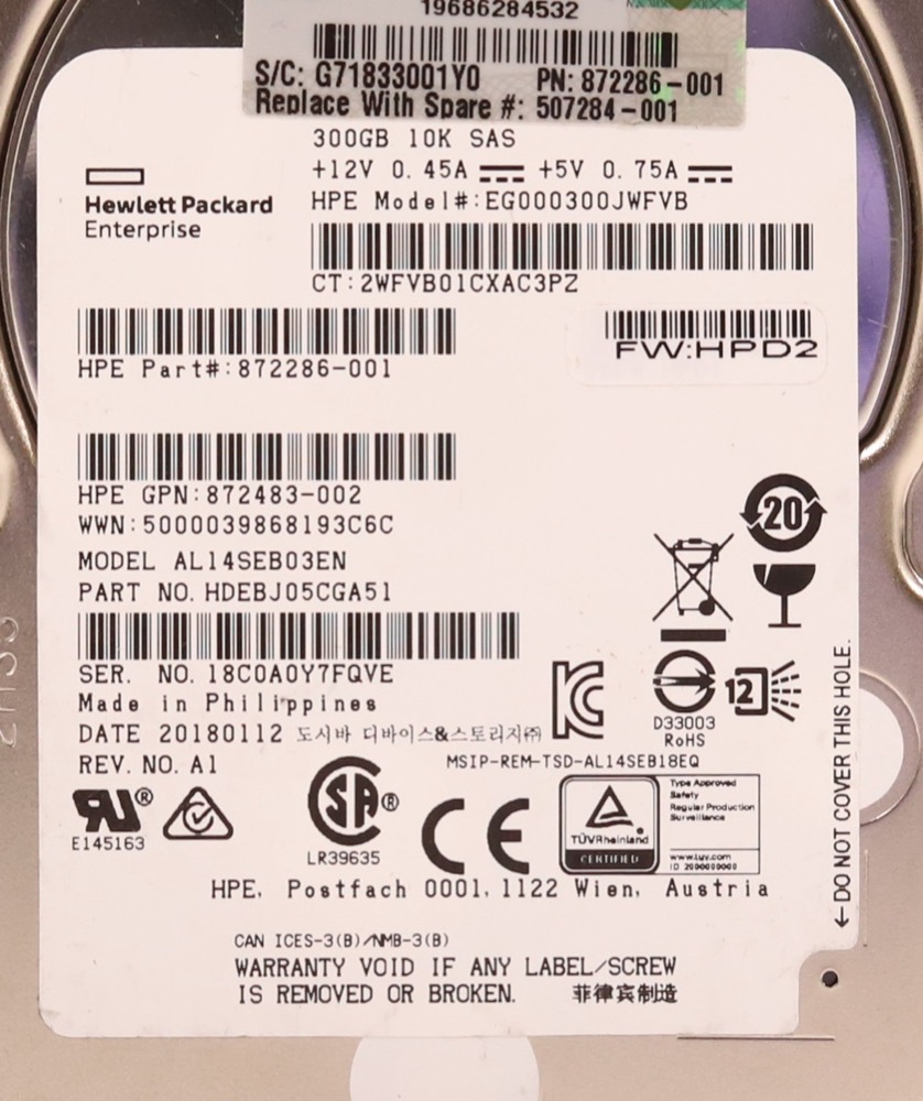 Жёсткий диск HPE EG000300JWFVB 300GB 2.5" 12Gb/s 10K RPM SAS Hard Drive P/N:872483-002 Tested — фото 2