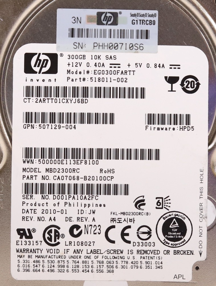 Компонент HP EG0300FARTT 300GB 2.5" 6Gb/s 10K RPM SAS Drive P/N: 507129-004 Tested — фото 2