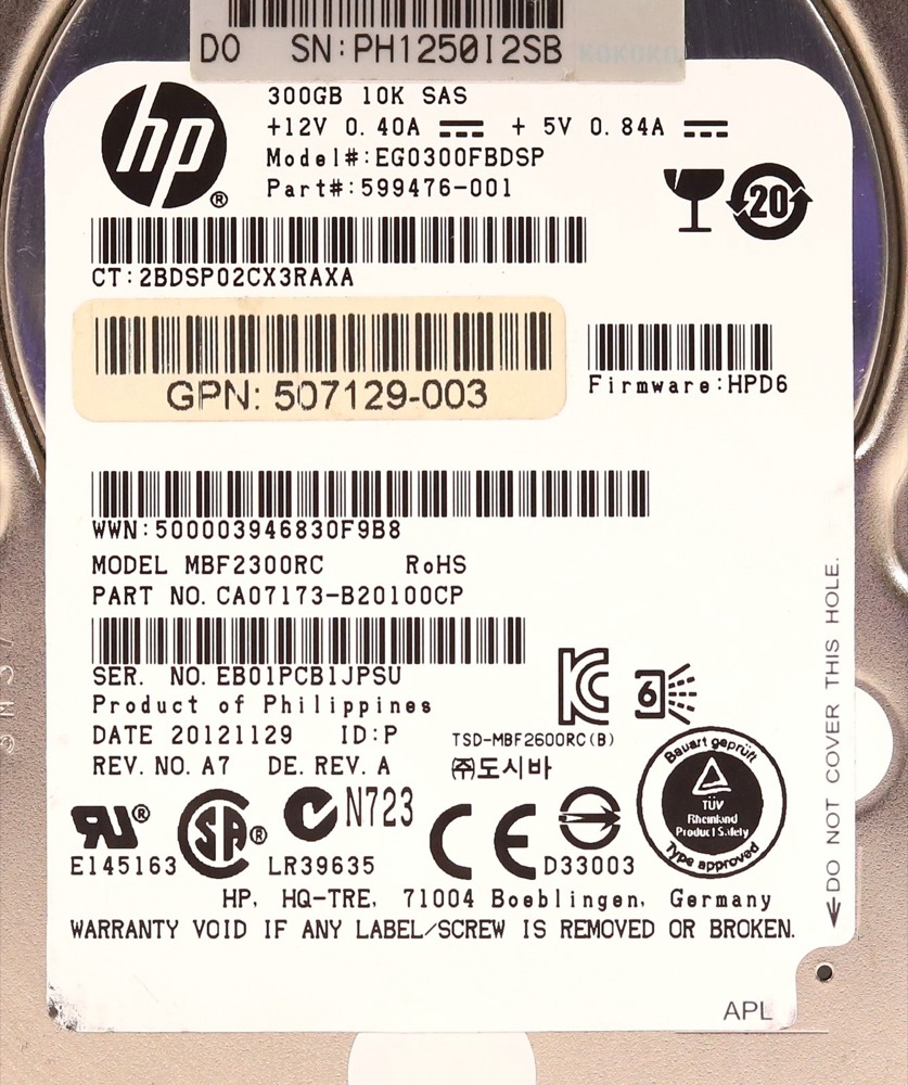 Жёсткий диск HP EG0300FBDSP 300GB 2.5" 6Gb/s 10K RPM SAS Hard Drive P/N: 507129-003 Tested — фото 2