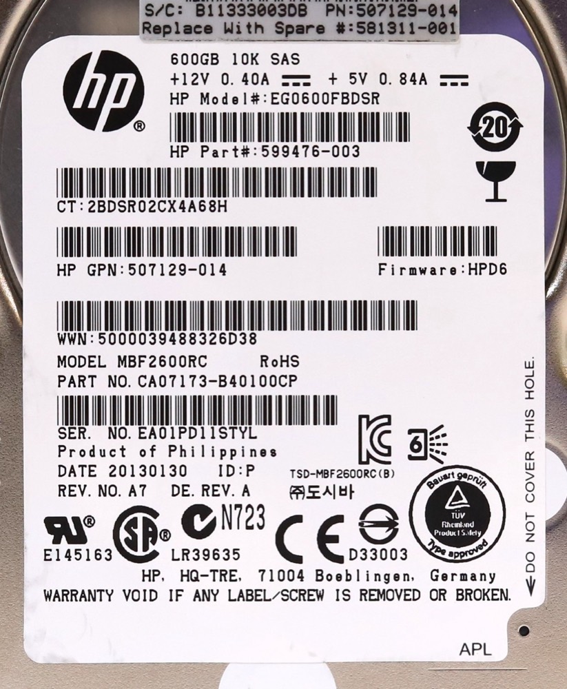 Жёсткий диск HP EG0600FBDSR 600GB 2.5" 6Gb/s 10K RPM SAS Hard Drive P/N: 507129-014 Tested — фото 2