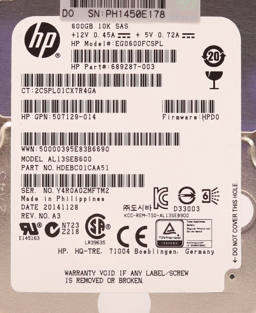 Жёсткий диск HP EG0600FCPL 600GB 2.5" 6Gb/s 10K RPM SAS Hard Drive P/N: 507129-014 Tested — фото 2