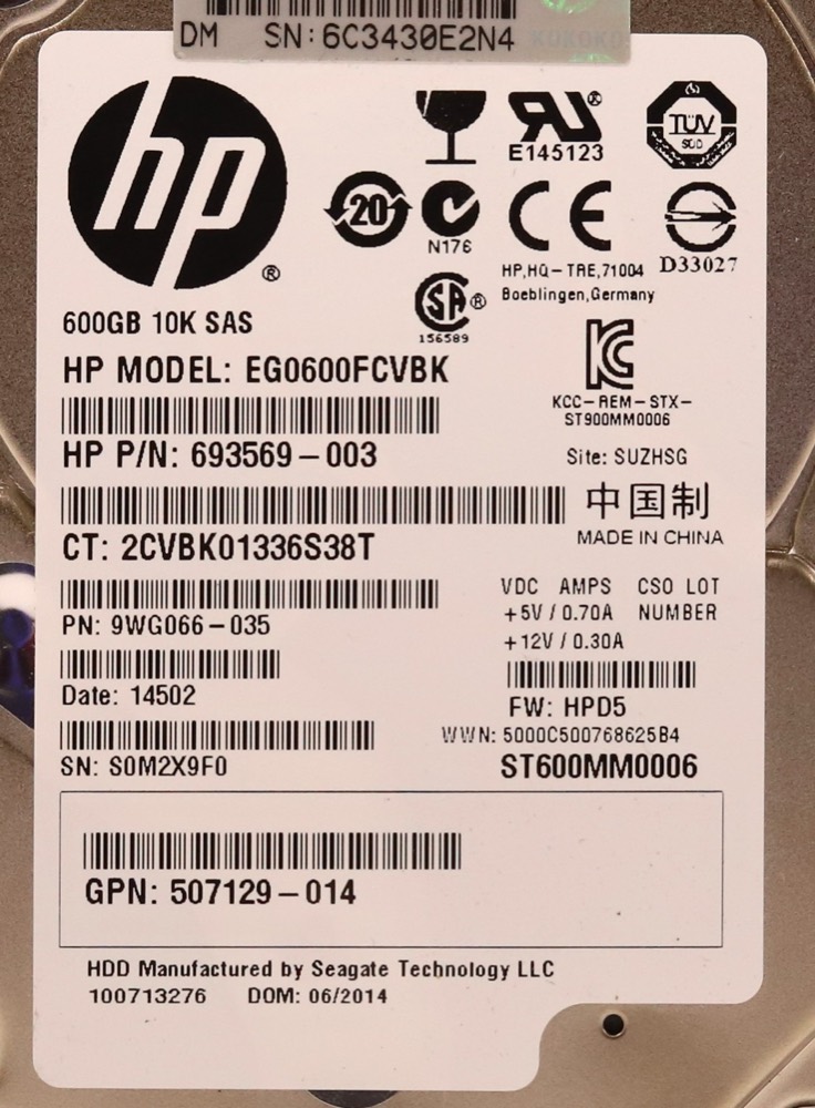 Жёсткий диск HP EG0600FCVBK 600GB 2.5" 6Gb/s 10K RPM SAS HDD W/Caddy P/N: 507129-014 Tested — фото 2