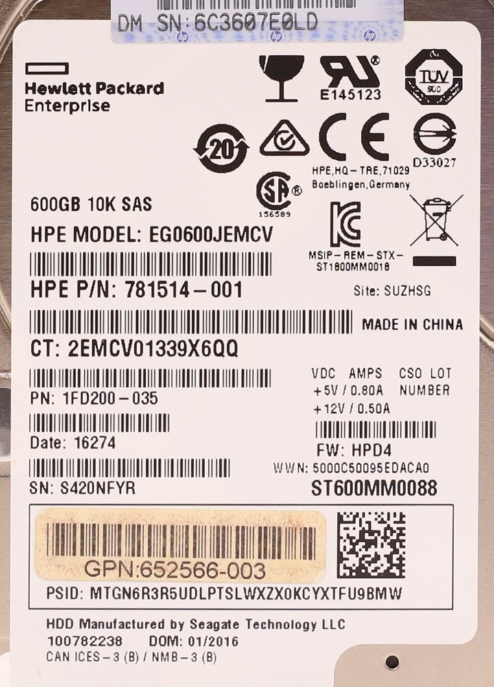 Жёсткий диск HP EG0600JEMCV 600GB 2.5" 6Gb/s 10K RPM SAS Hard Drive P/N: 652566-003 Tested — фото 2