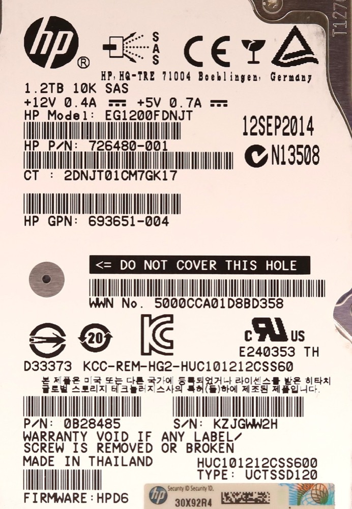 Жёсткий диск HP EG1200FDNJT 1.2TB 2.5" 6Gb/s 10K RPM SAS Hard Drive P/N: 693651-004 Tested — фото 2