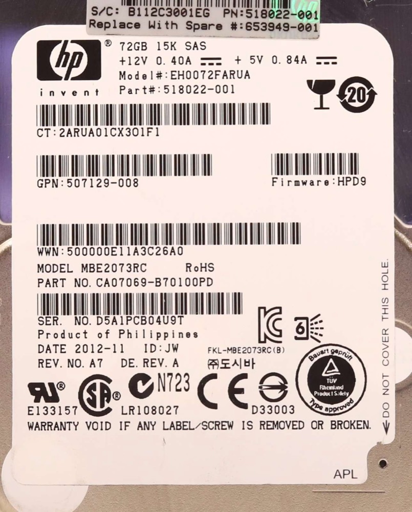 Жёсткий диск HP EH0072FARUA 72GB 2.5" 6Gb/s 15K RPM SAS Hard Drive P/N: 507129-008 Tested — фото 2