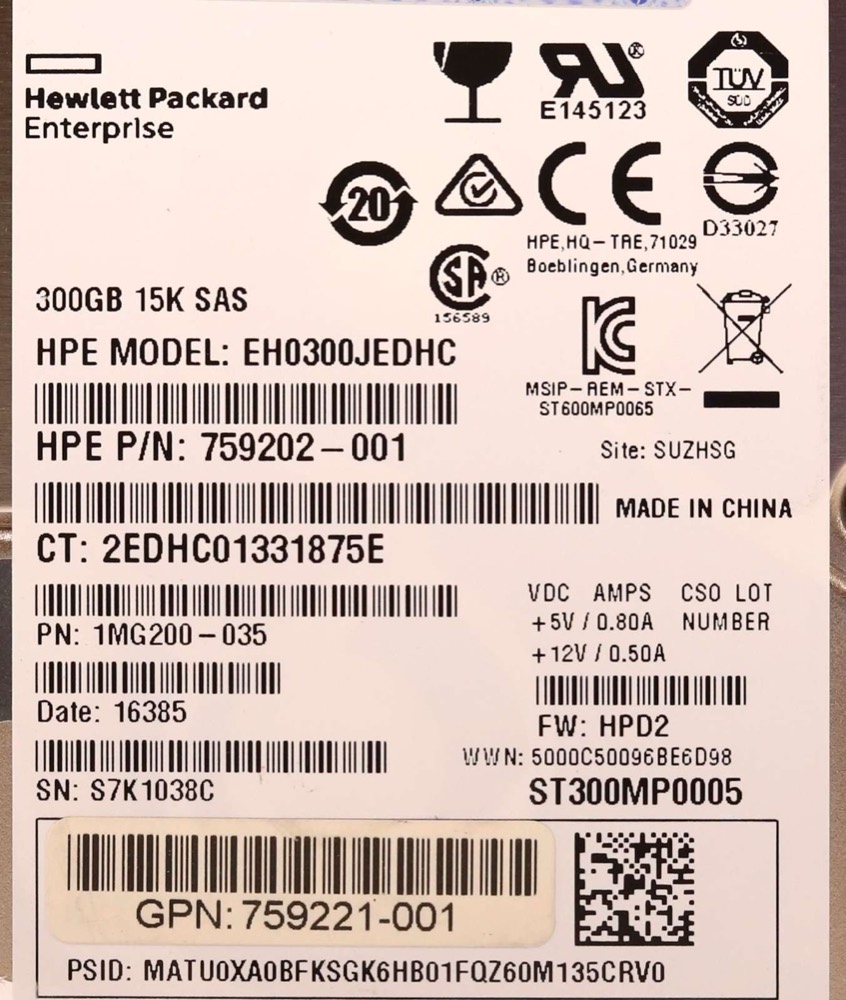 Жёсткий диск HPE EH0300JEDHC 300GB 2.5" 12Gb/s 15K RPM SAS Hard Drive P/N: 759202-001 Tested — фото 2