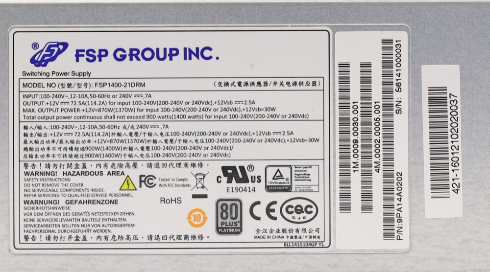 Блок питания New ListingFSP Group FSP1400-21DRM 1400W 80-Plus Platinum Power Supply P/N: 9PA14A0202 — фото 3