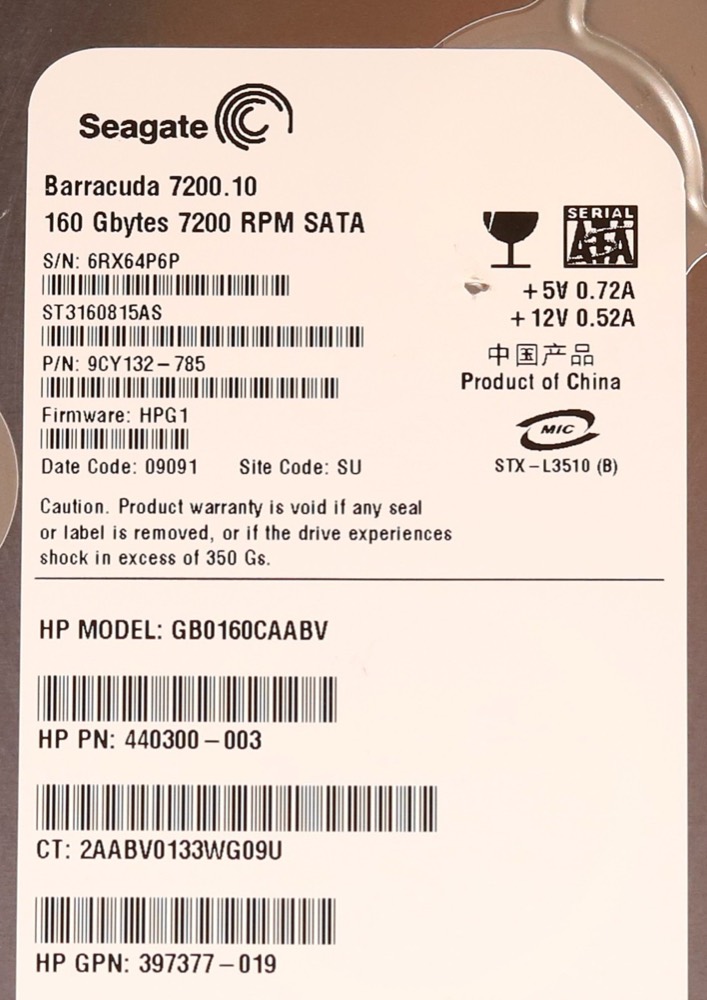 Жёсткий диск HP GB0160CAABV 160GB 3.5" 1.5Gb/s 7.2K RPM SATA Hard Drive P/N:440300-003 Tested — фото 2