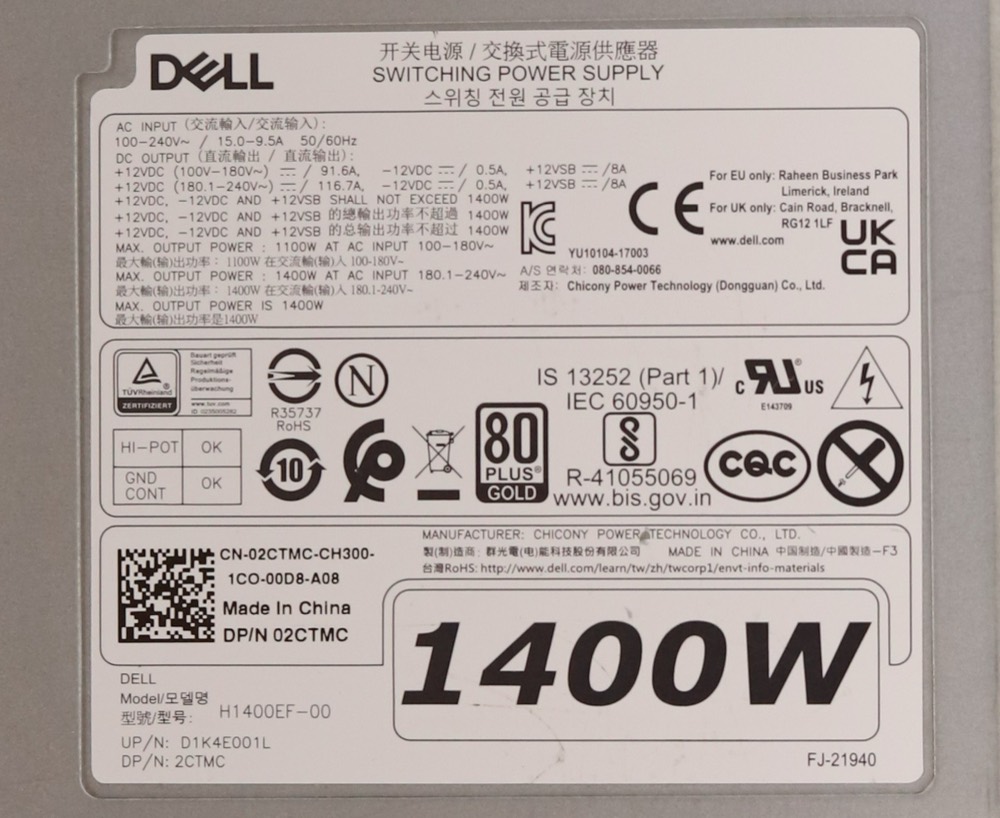 Блок питания Dell H1400EF-00 1400W Power Supply For Precision T7920/T7820 Dell P/N: 02CTMC — фото 2