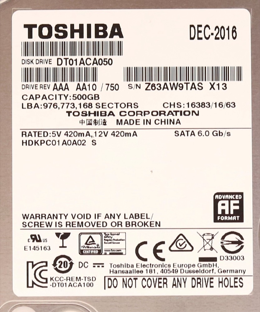 Жёсткий диск New ListingToshiba HDKPC01A0A02 500GB 3.5" 6Gb/s 7.2K RPM SATA Hard Drive P/N: DT01ACA050 — фото 2