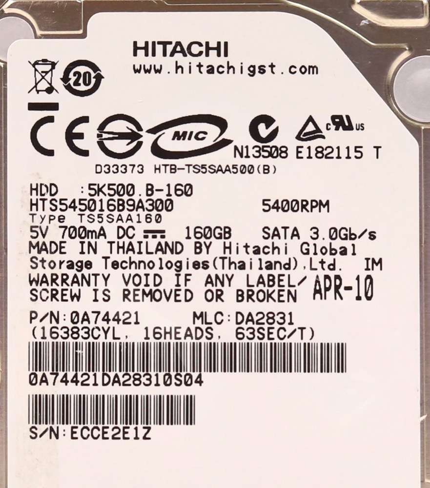 Жёсткий диск Hitachi 160 ГБ SATA 5,4K 2,5" (HTS545016B9A300, 0A74421) — фото 2