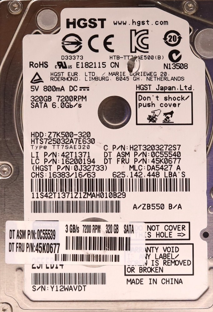 Жёсткий диск Lenovo HTS725032A7E630 320GB 2.5" 3Gb/s 7.2K RPM SATA Hard Drive FRU P/N:45K0677 — фото 2