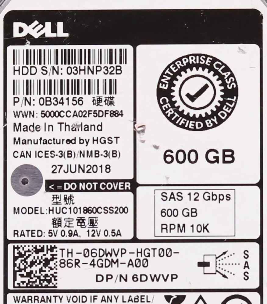 Компонент Dell HUC101860CSS200 600GB 2.5" 12Gb/s 128MB 10K RPM SAS Drive Dell P/N: 06DWVP — фото 2