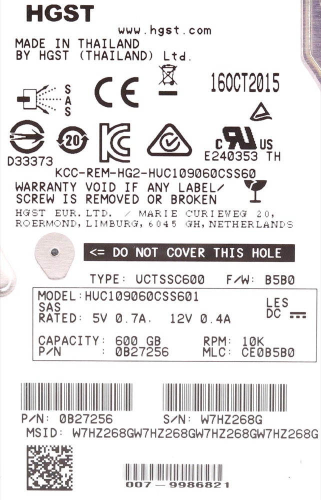Компонент HGST HUC109060CSS601 600GB 2.5" 6Gb/s 64MB 10K RPM SAS Drive P/N: 0B27256 Tested — фото 2