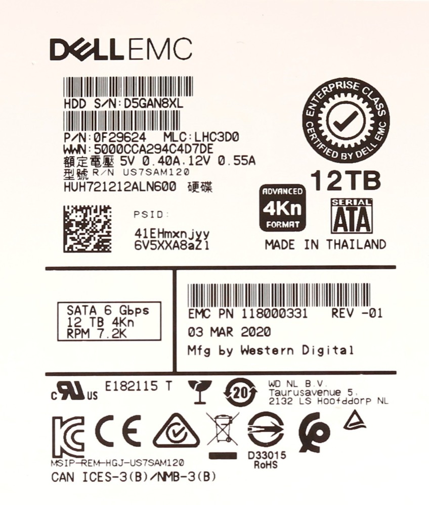 Жёсткий диск EMC HUH721212ALN600 12TB 3.5" 6Gb/s 7.2K RPM SATA Hard Drive P/N: 118000331 — фото 2