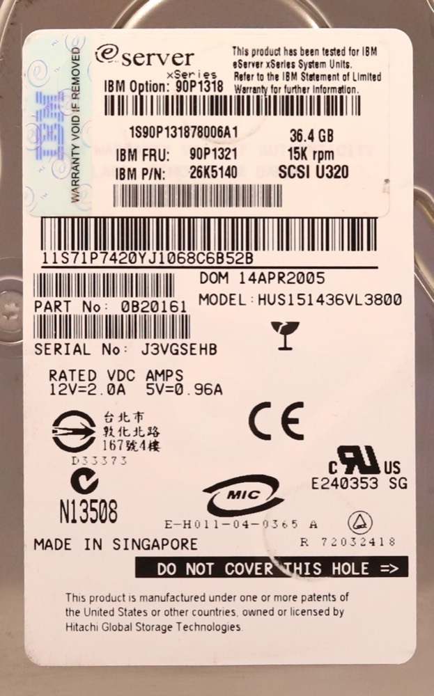 Жёсткий диск IBM HUS151436VL3800 36.4GB 3.5" 15K RPM Ultra320 SCSI Hard Drive FRU P/N:90P1321 — фото 2