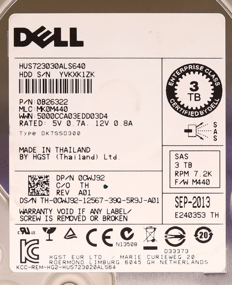 Жёсткий диск Dell HUS723030ALS640 3TB 3.5" 6Gb/s 64MB 7.2K RPM SAS HDD Dell P/N:0CWJ92 Tested — фото 2