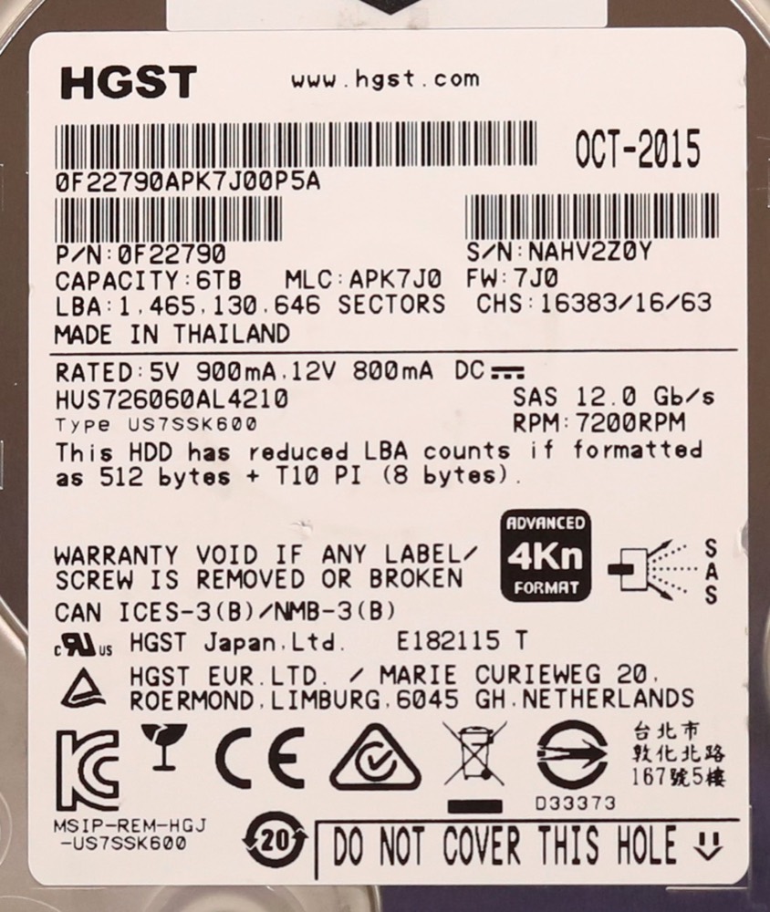 Компонент New ListingHGST HUS726060AL4210 6TB 3.5" 12Gb/s 128MB 7.2K RPM SAS Drive P/N: 0F22790 — фото 2