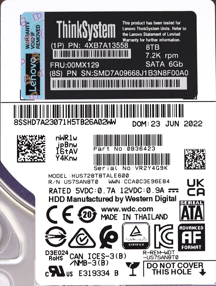 Жёсткий диск Lenovo HUS728T8TALE600 8TB 3.5" 6Gb/s 7.2K RPM SATA Hard Drive FRU P/N: 00MX129 — фото 2