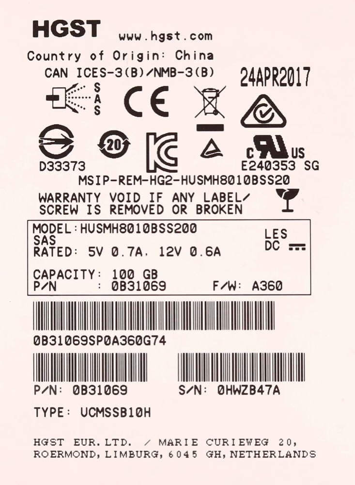 Жёсткий диск HGST HUSMH8010BSS200 100GB 2.5" 12Gb/s 10K RPM SAS Hard Drive P/N:0B31069 Tested — фото 2