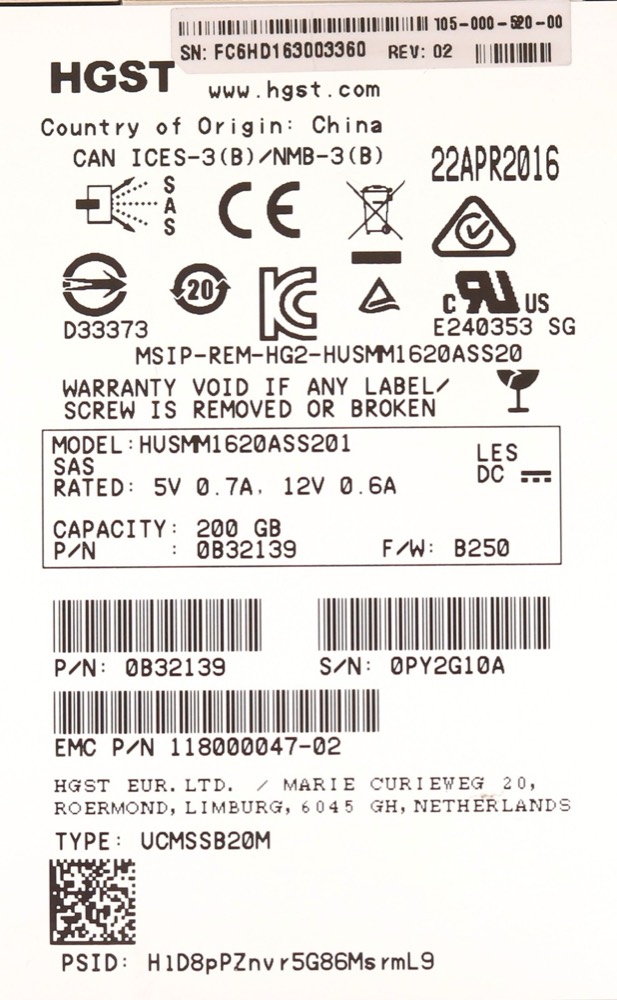 SSD-накопитель EMC HUSMM1620ASS201 200GB 2.5" 6Gb/s SAS Solid State Drive P/N: 118000047-02 — фото 2