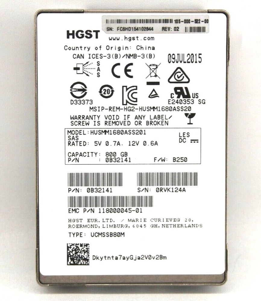 SSD-накопитель HUSMM1680ASS201 HGST 800GB 12G SAS 2.5" SFF SSD EMC 118000045-01 0B32141 — фото 1