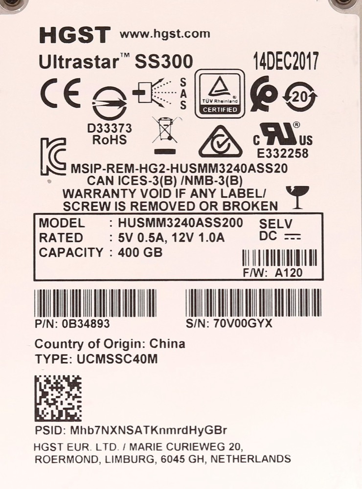 SSD-накопитель HGST HUSMM3240ASS20 Ultrastar SS300 400GB 2.5" 12Gb/s SAS SSD P/N:0B34893 Tested — фото 2