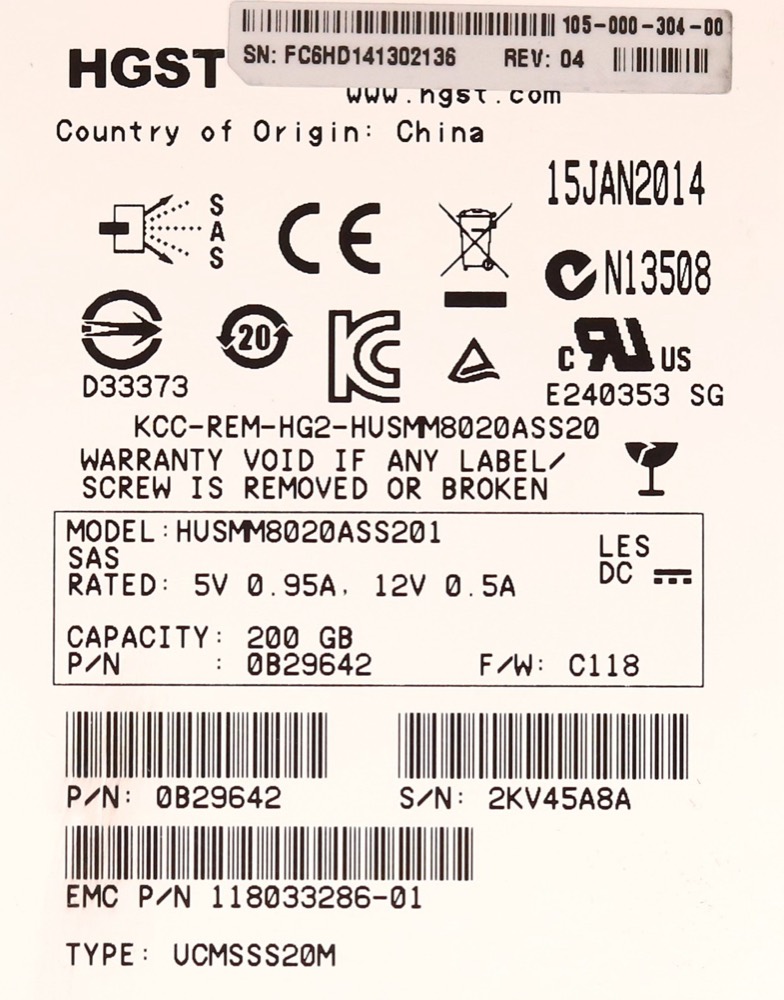SSD-накопитель EMC HUSMM8020ASS201 200GB 2.5" 12Gb/s SAS Solid State Drive P/N: 118033286-01 — фото 2