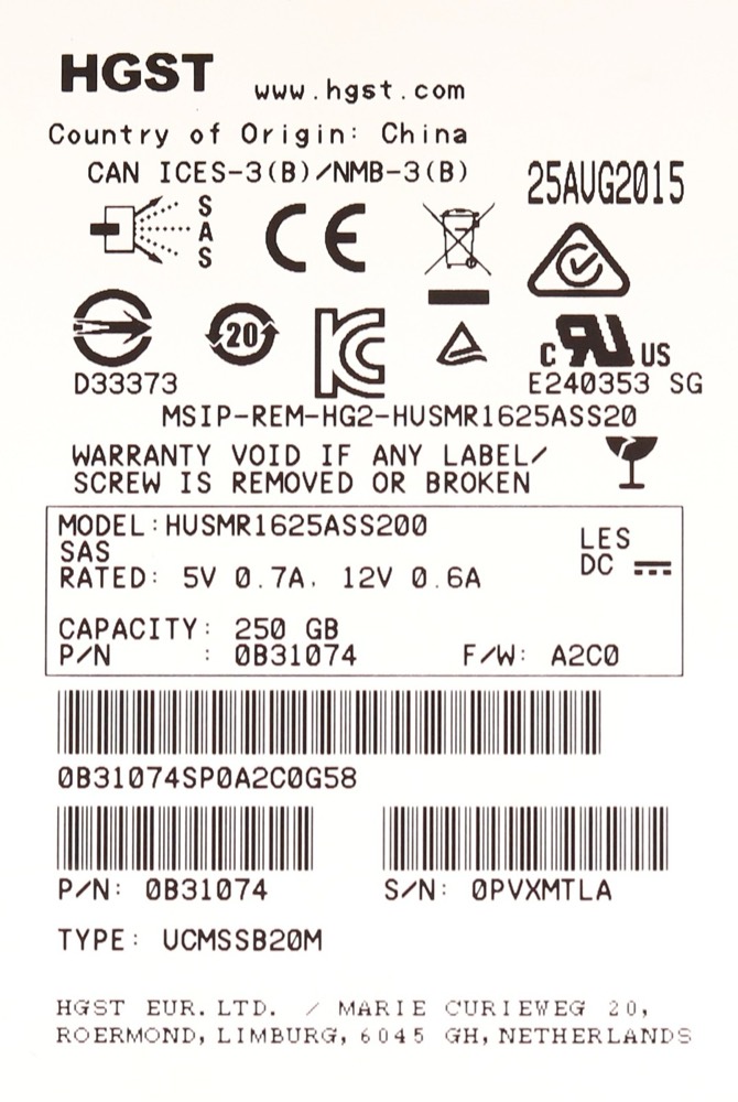 SSD-накопитель HGST HUSMR1625ASS200 250GB 2.5" 12Gb/s SAS Solid State Drive P/N: 0B31074 Tested — фото 2