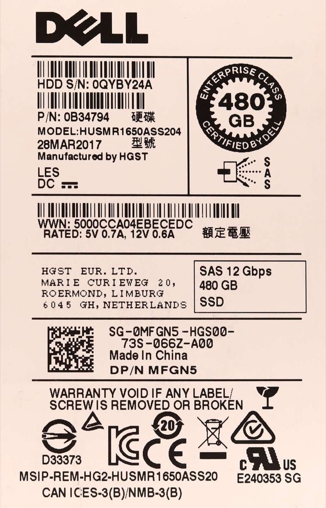 SSD-накопитель Dell HUSMR1650ASS204 480GB 2.5" 12Gb/s SAS Solid State Drive Dell P/N: 0MFGN5 — фото 2