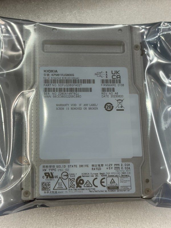 Твердотельный накопитель KIOXIA 800GB SSD PM6-V, 2.5" 15mm, SAS 24G, TLC, R/W 4150/1450 MB/s, IOPs 595K/145K, TBW 4380 — фото 1