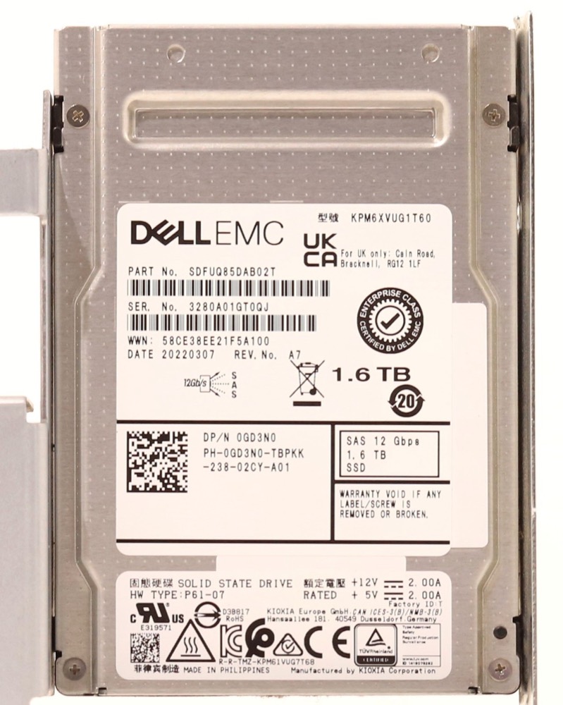 SSD-накопитель Dell KPM6XVUG1T60 1.6TB 2.5" 12Gb/s Mixed Use SAS SSD W/Caddy Dell P/N: 0GD3N0 — фото 2