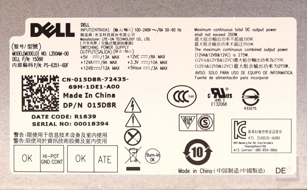 Блок питания New ListingDell L350AM-00 350W Power Supply For XPS 8910/8920/8930/8940 Dell P/N: 015D8R — фото 3