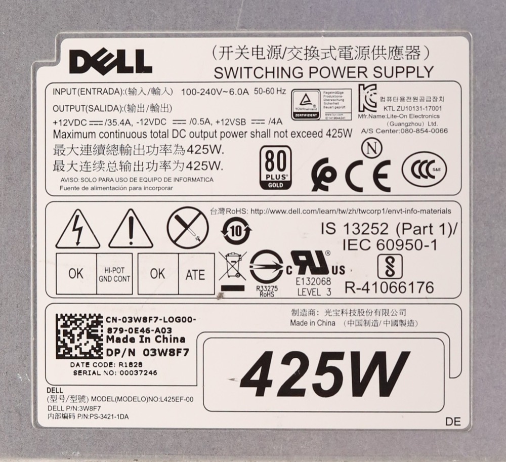 Блок питания Dell L425EF-00 425W Power Supply For Dell Precision T5820 Dell P/N:03W8F7 Tested — фото 2