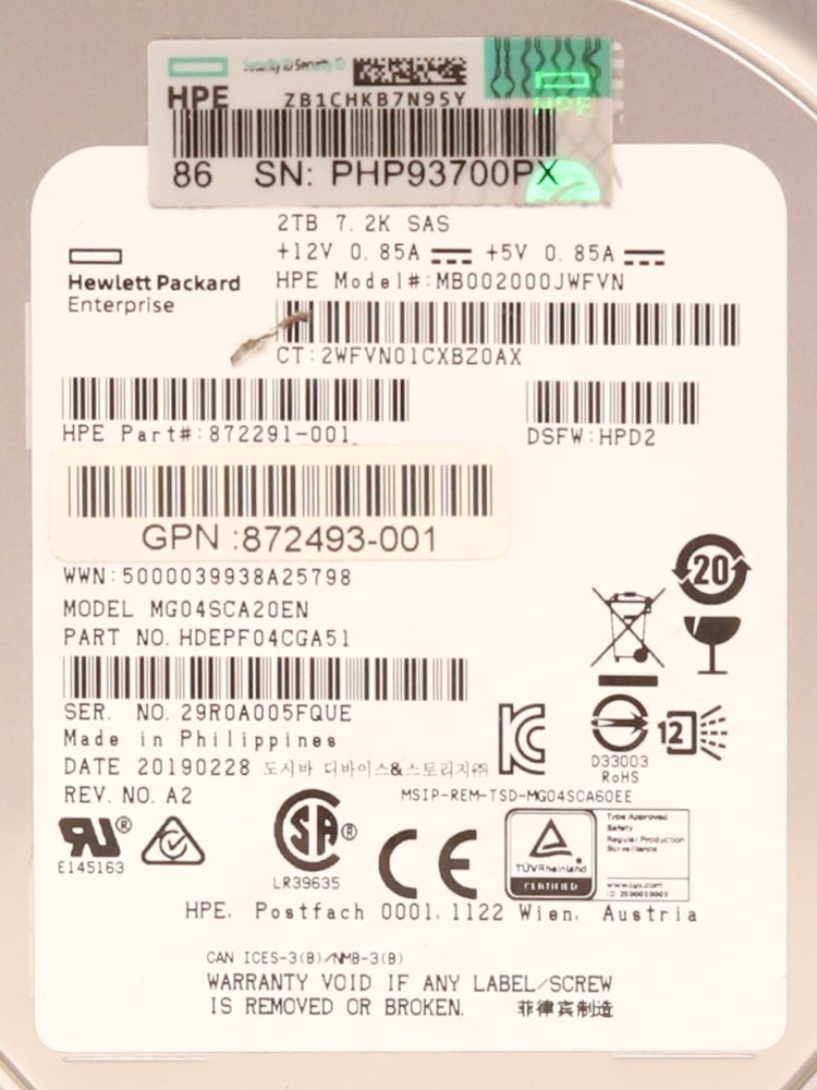 Компонент HPE MB002000JWFVN 2TB 3.5" 12Gb/s 7.2K RPM SAS Drive W/Caddy P/N: 872493-001 — фото 2
