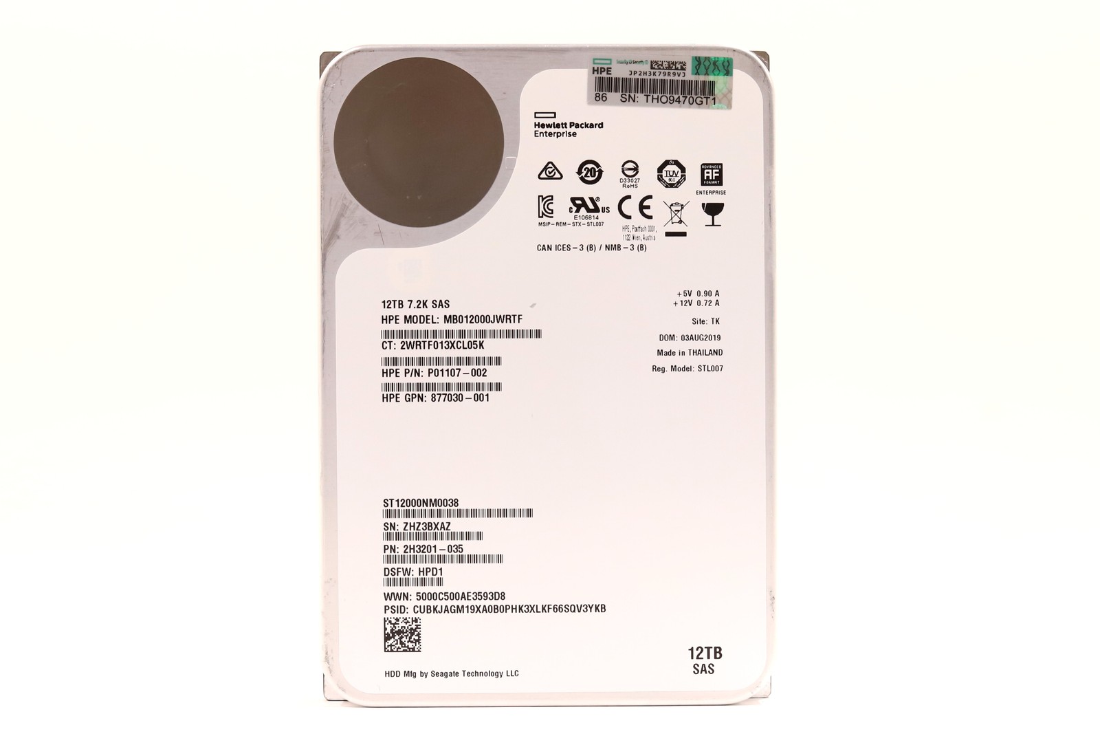 Компонент HPE MB012000JWRTF 12TB 3.5" 12Gb/s 7.2K RPM SAS P/N: 877030-001 Tested — фото 1