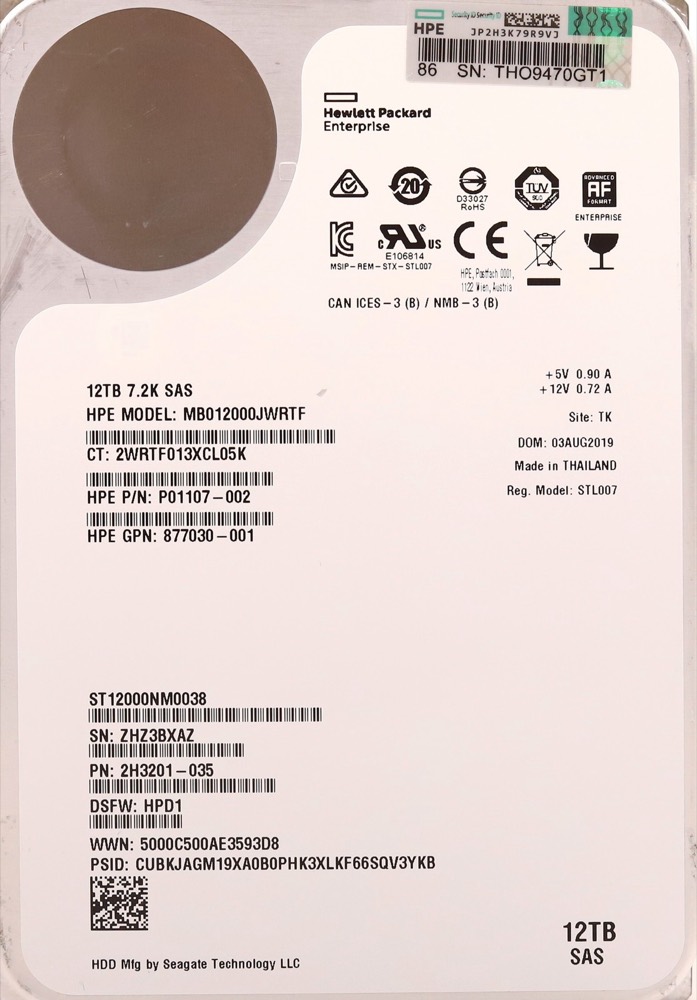 Компонент HPE MB012000JWRTF 12TB 3.5" 12Gb/s 7.2K RPM SAS P/N: 877030-001 Tested — фото 2