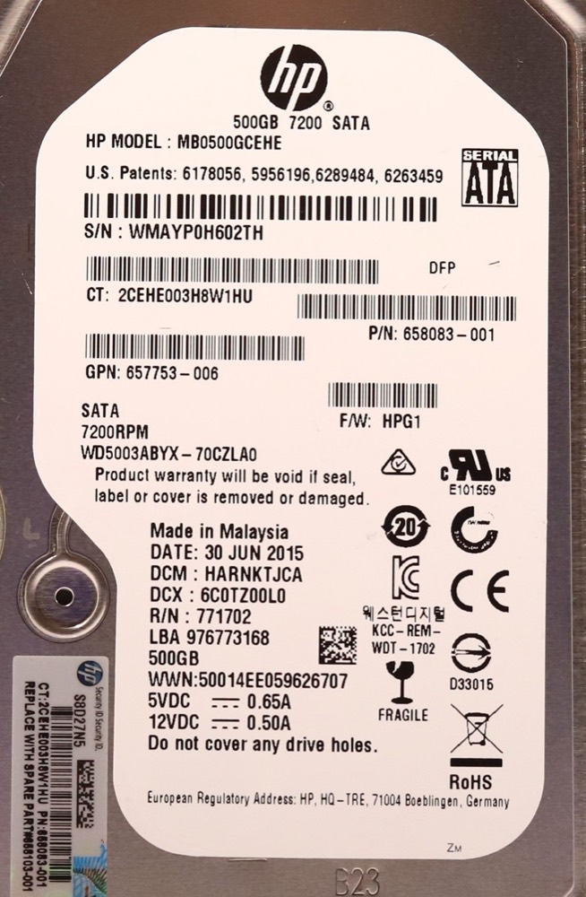 Жёсткий диск HP MB0500GCEHE 500GB 3.5" 6Gb/s 7.2K RPM SATA Hard Drive P/N: 657753-006 Tested — фото 2