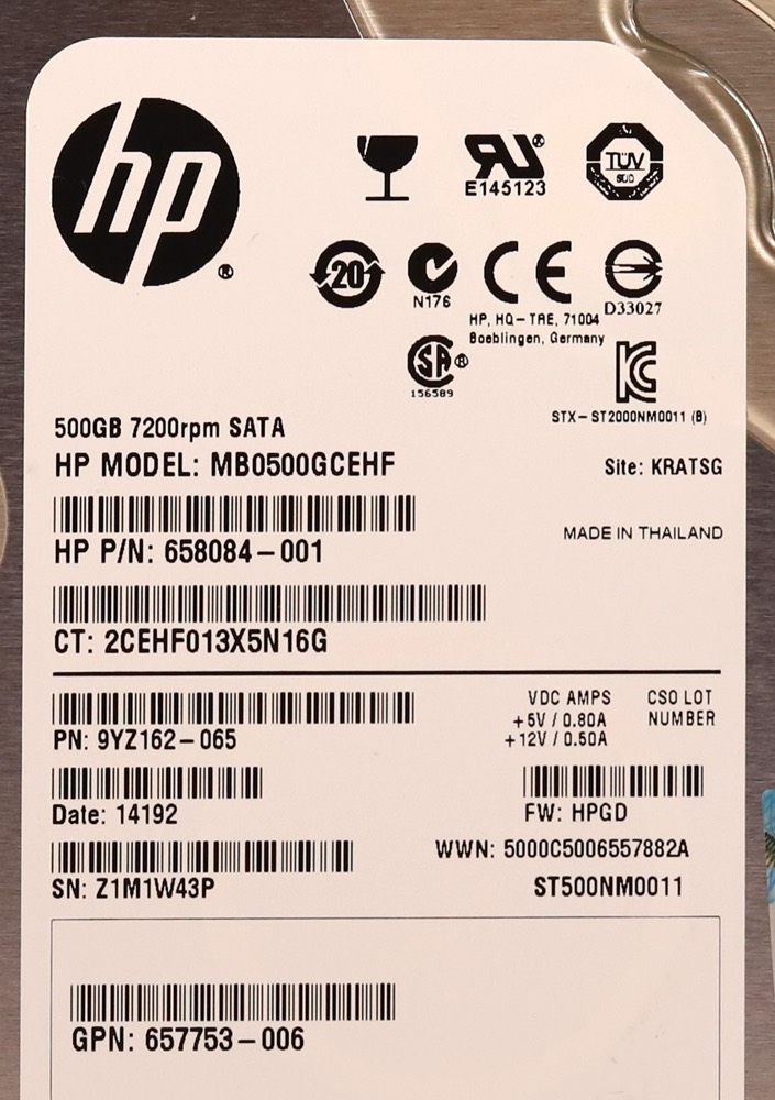 Жёсткий диск HP MB0500GCEHF 500GB 3.5" 6Gb/s 7.2K RPM SATA Hard Drive P/N: 657753-006 Tested — фото 2