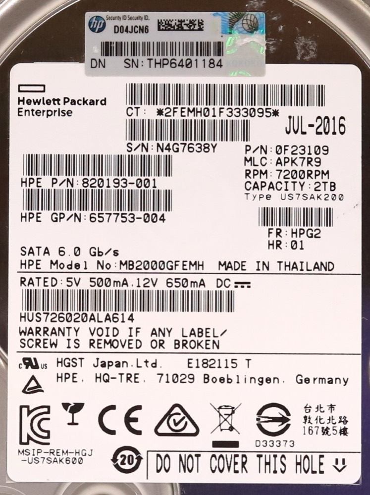 Жёсткий диск HPE MB2000GFEMH 2TB 3.5" 6Gb/s 7.2K RPM SATA Hard Drive P/N: 657753-004 Tested — фото 2