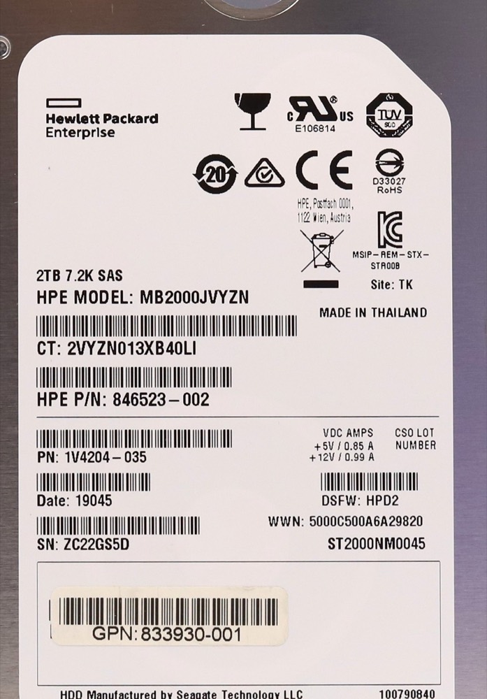 Жёсткий диск HPE MB2000JVYZN 2TB 3.5" 12Gb/s 7.2K RPM SAS Hard Drive P/N: 833930-001 Tested — фото 2