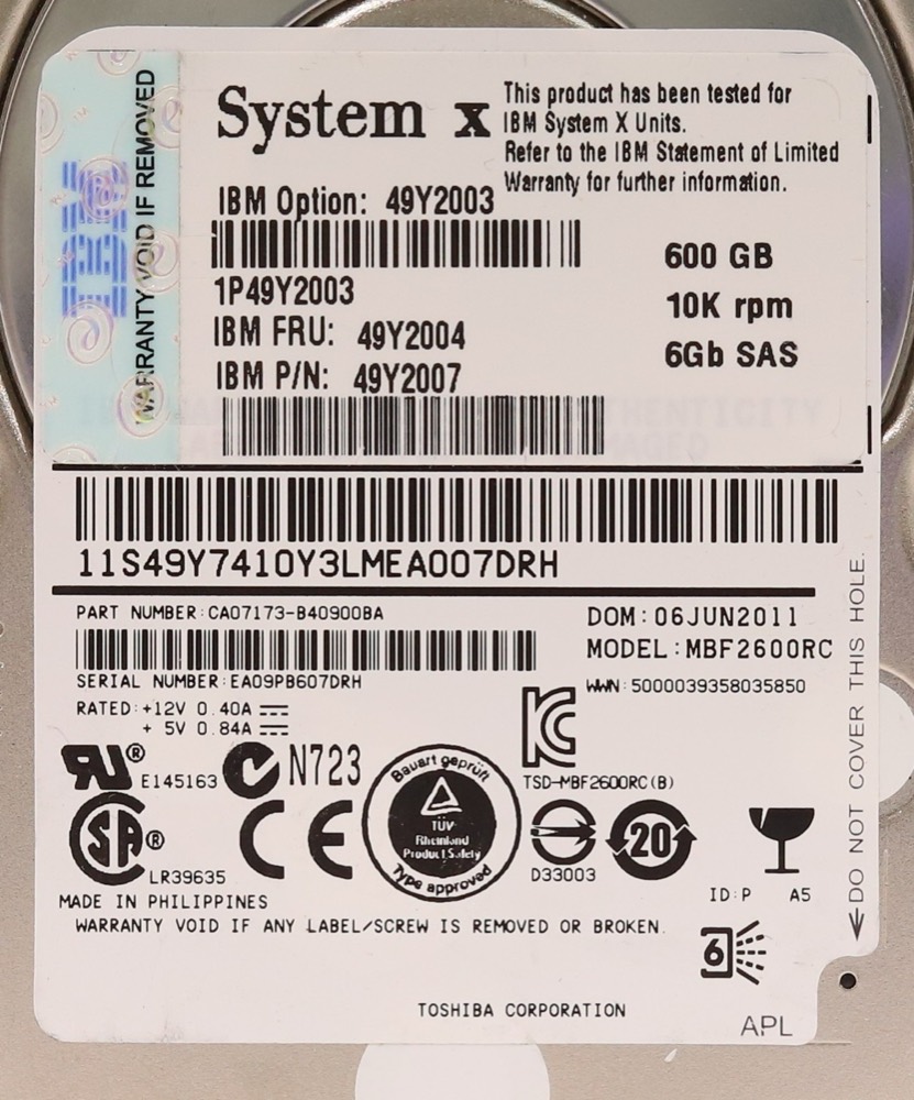 Жёсткий диск IBM MBF2600RC 600GB 2.5" 6Gb/s 10K RPM SAS Hard Drive FRU P/N: 49Y2004 Tested — фото 2